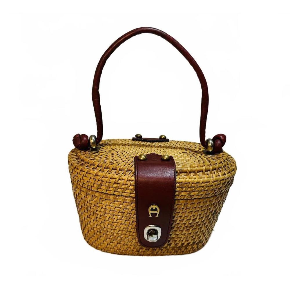 Vintage 60's Etienne Aigner Handbag Wicker/Rattan Genuine Leather Handle Accents